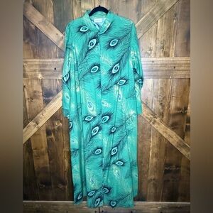 Vintage CABERNET Lounge Wear Teal Zip Front Cotton Rayon Peacock Design Size M